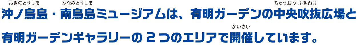 沖ノ鳥島・南鳥島ミュージアムは、有明ガーデンの中央吹き抜け広場と有明ガーデンギャラリーの2つのエリアで開催しています。